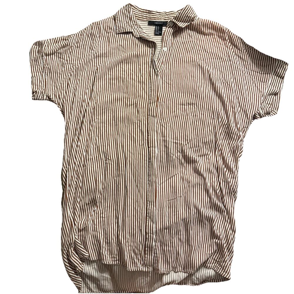 Women’s‎ Striped Short Sleeve Shirt Blouse Top Brown White Button Up Staple Sz S